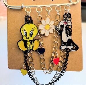 Handmade Tweety Bird Sylvester Charm Safety Pin Brooch